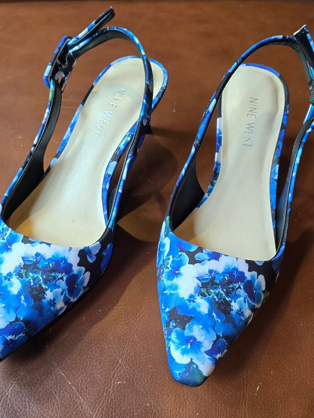 Nine West Blue Floral Pointed Slingback Heels